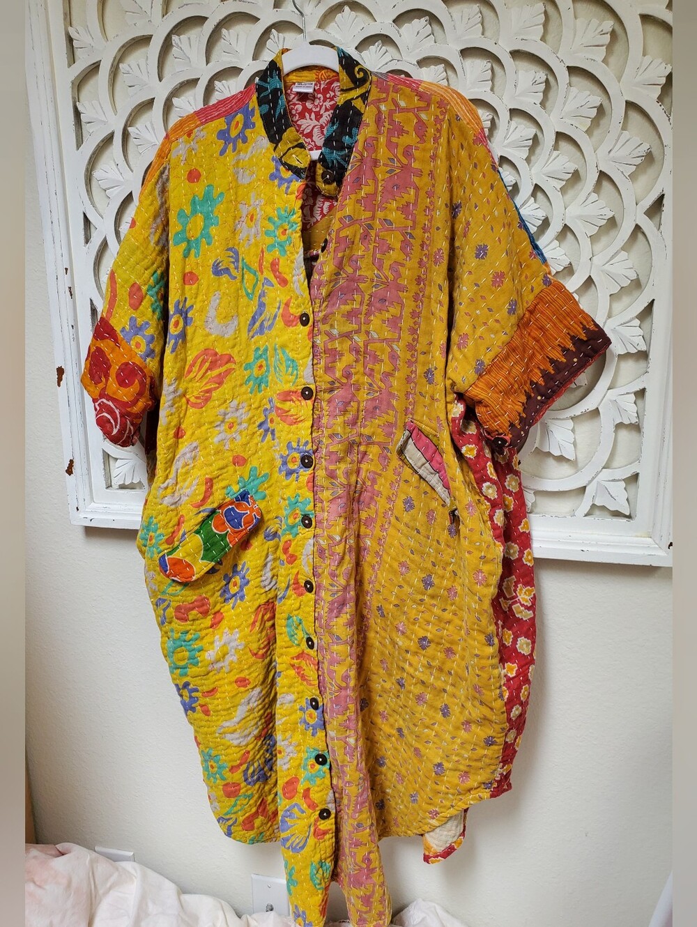 Kantha Button Down  Drop Dleeve Shirt Dress Or Duster OSFM NWOT
